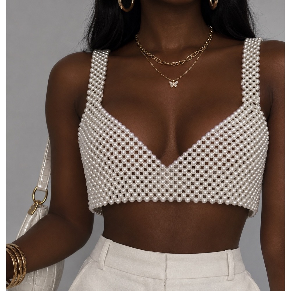 Handmade Faux Pearl Beaded Crop Top V-Neck Bralette White Festival Bridal S/M